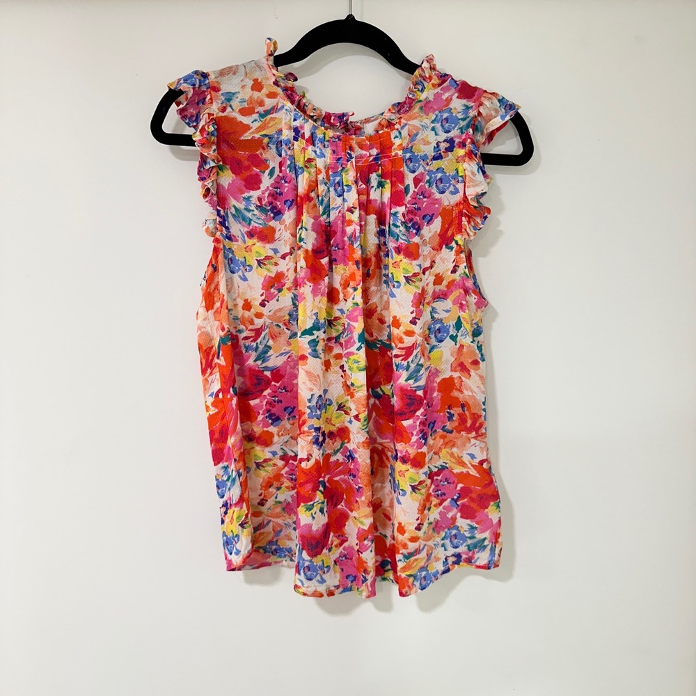 Dear John Floral Ruffle Sleeve Top Womens Small Multi Color Button Back | Boho